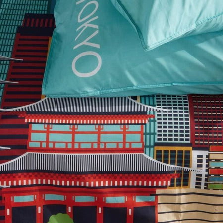 Completo letto - TODAY - JAVA - 2 persone - 240x220 cm - Cotone - Stampa Tokyo - Blu