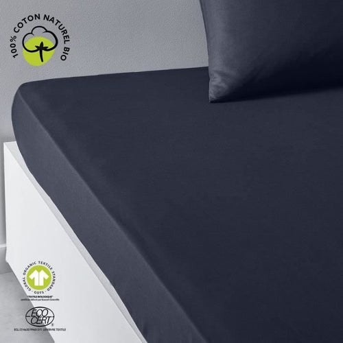 Lenzuolo con angoli - TODAY - 180 x 200 cm + 30 cm - Cotone - Blu navy biologico