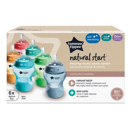 Tommee Tippee - Confezione da 6 biberon Closer to Nature - Tettarella con valvola Anti-Colic - 260ml - Multicolore Fluorescente