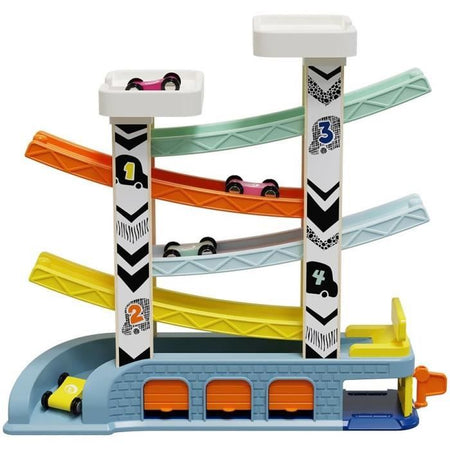 Circuito automobilistico - TOP LUMINOSO - 4 auto da corsa - 4 rampe - 2 livelli di parcheggio - Stazione di servizio