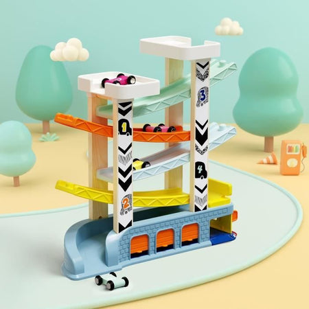 Circuito automobilistico - TOP LUMINOSO - 4 auto da corsa - 4 rampe - 2 livelli di parcheggio - Stazione di servizio