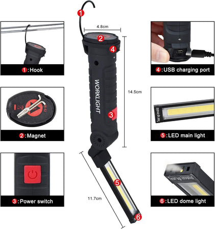 Luce Lampada da Lavoro Led Ricaricabile Magnetica Portatile Officina Torcia da Lavoro Luce Portatile Ricaricabile Led con Base Magnetica e Gancio 360° Pieghevole Impermeabile