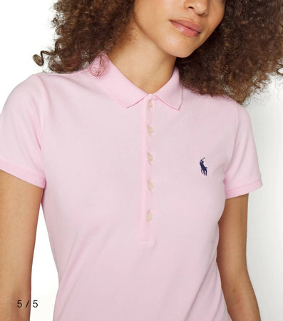 Ralph Lauren Polo Donna Mezze Maniche Slim- Fit Polo Scollo A V Piquet Pony Ricamato Maniche Corte Colletto Cinque Bottoni