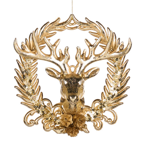 Pendaglio con testa di renna oro in plastica per albero di Natale da 15 cm
