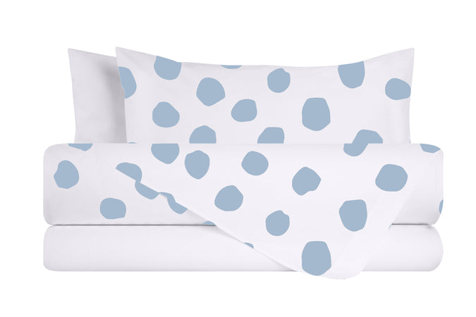 Completo letto lenzuola federe bifaccia double face stampa digitale in cotone made in italy DOT MAXI CELESTE/BIANCO