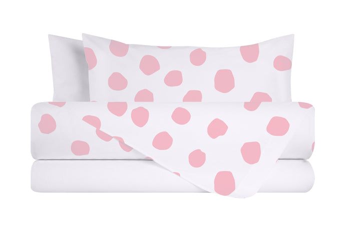 Completo letto lenzuola federe bifaccia double face stampa digitale in cotone made in italy DOT MAXI ROSA/BIANCO