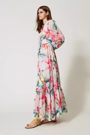 TWINSET | Abito lungo in georgette con stampa a fiori