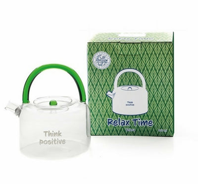Accademia della tisana - RELAX TIME - teiera in vetro borosilicato con manico colorato e scritta decorativa - 900ml
