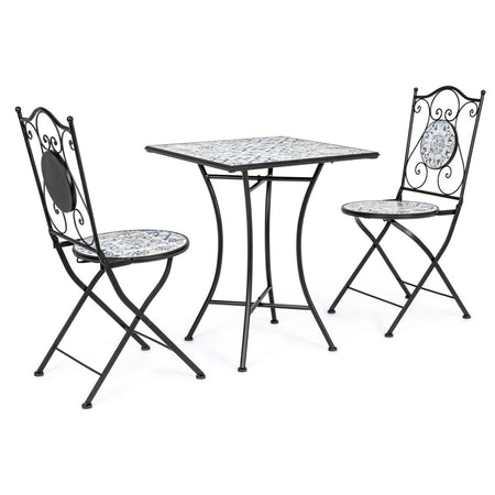 Tavolino quadrato "Erice" e sedie pieghevoli in acciaio per esterno da bar e giardino