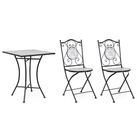 Tavolino quadrato "Erice" e sedie pieghevoli in acciaio per esterno da bar e giardino