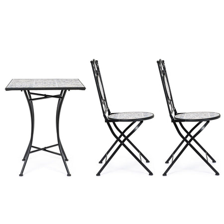 Tavolino quadrato "Erice" e sedie pieghevoli in acciaio per esterno da bar e giardino
