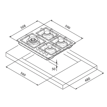 Telma flat60 piano cottura a gas ad incasso 4 fuochi 60 cm colore 71 mq alluminio
