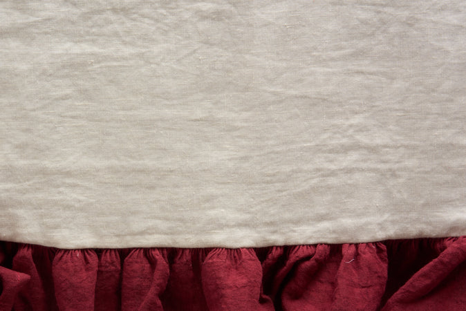 Tovaglia da tavola in 100% puro lino lavato delavè stone washed morbido resistente elegante made in italy  Avorio con Frou Fou Bordeaux