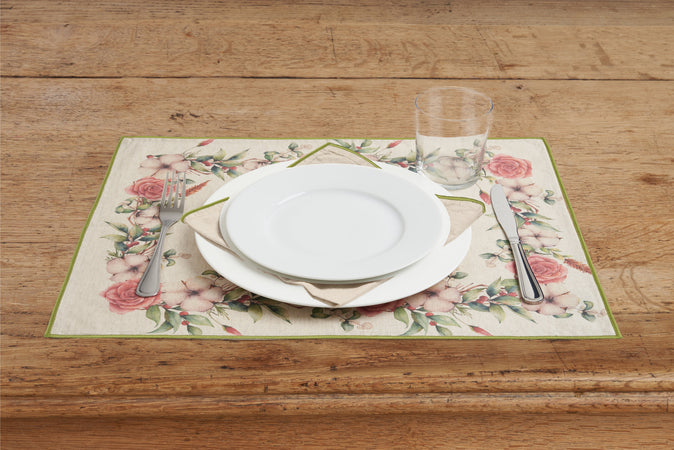 Set di 2 tovagliette americane e 2 tovaglioli colazione coppia tovagliette e tovaglioli in misto lino stampa floreale fiori morbide resistenti eleganti made in italy FIOR DI COTONE con Cordoncino Verde