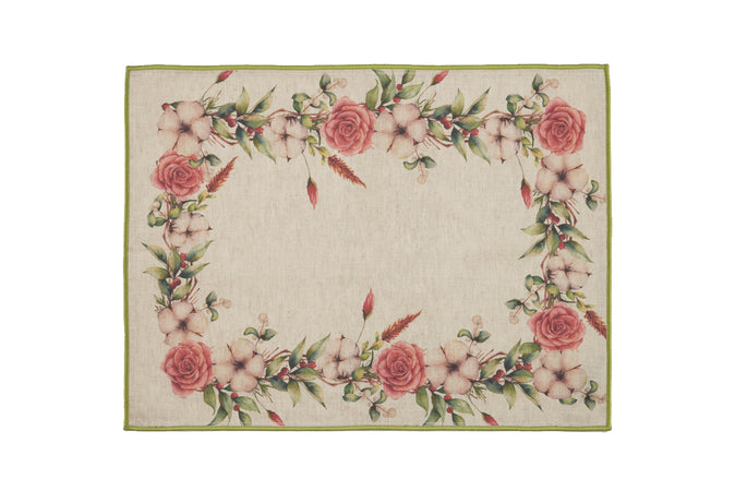 Set di 2 tovagliette americane e 2 tovaglioli colazione coppia tovagliette e tovaglioli in misto lino stampa floreale fiori morbide resistenti eleganti made in italy FIOR DI COTONE con Cordoncino Verde