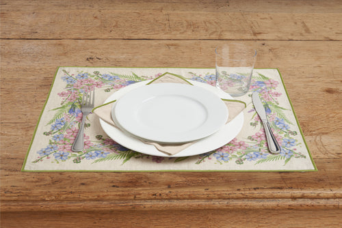 Set di 2 tovagliette americane e 2 tovaglioli colazione coppia tovagliette e tovaglioli in misto lino stampa floreale fiori morbide resistenti eleganti made in italy FIORI DI CAMPO con Cordoncino Verde