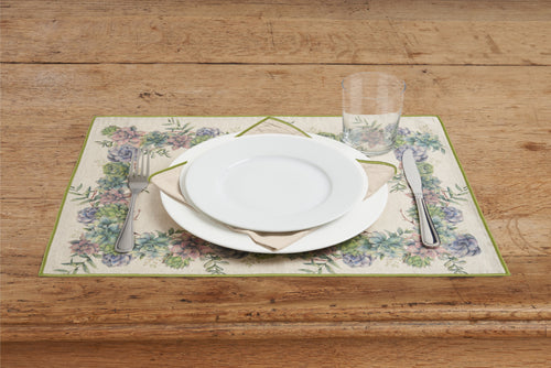 Set di 2 tovagliette americane e 2 tovaglioli colazione coppia tovagliette e tovaglioli in misto lino stampa floreale fiori morbide resistenti eleganti made in italy SUCCULENTE con Cordoncino Verde