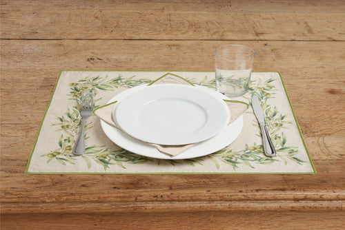 Set di 2 tovagliette americane e 2 tovaglioli colazione coppia tovagliette e tovaglioli in misto lino stampa floreale fiori morbide resistenti eleganti made in italy ULIVO con Cordoncino Verde