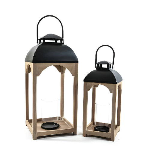 Lanterne decorative in legno e metallo, con bicchiere in vetro incluso, set da 2 pezzi