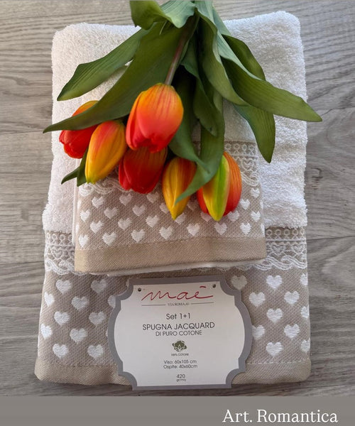 Set Asciugamani 1+1 Via Roma 60 Romantica Cuori – Spugna di Cotone Jacquard 420 gr/m²