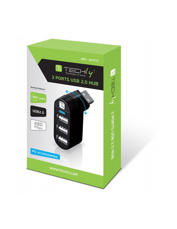 Techly Mini Hub Rotante con 3 Porte USB 2.0 Nero