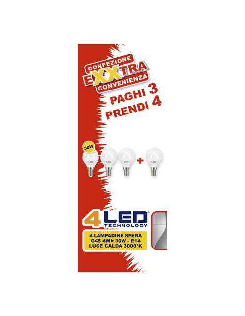 Set di 4 LAMPADINE LED A SFERA G45 4W - 30W ATTACCO E14 LUCE CALDA 3000 K CLASSE A+