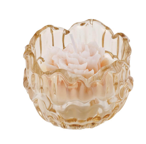 Candela profumata in vetro ambra con forma a fiore, firmata Special Gifts, altezza 6 cm, diametro 8 cm, completa di scatola regalo elegante.