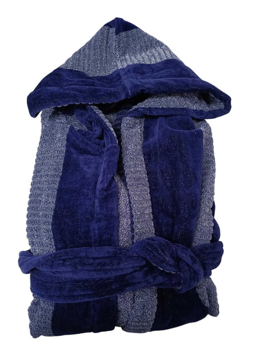 Accappatoio Royal Collection S/M Mirabello Carrara per uomo, esterno in ciniglia, interno in spugna di cotone 450 gr/mq, con cappuccio e tasche, Made in Italy.