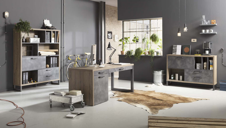 Scrivania da ufficio porta PC stile Industrial con 1 anta e 2 cassetti color rovere e nero 170 cm