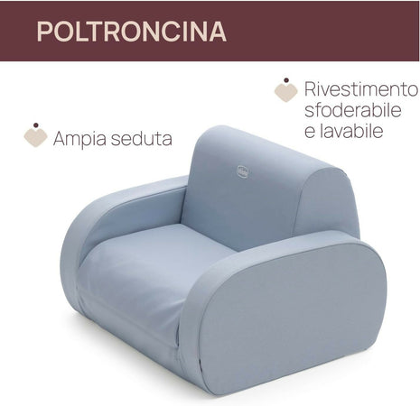 Chicco Twist - Poltroncina per Bambini Trasformabile in Chaise Longue e Divanetto, Sedia per Bambini con 3 Configurazioni, Comoda e Leggera, Si Trasforma con 1 Gesto - Per Bambini 12+ Mesi, colore POWDER BLUE