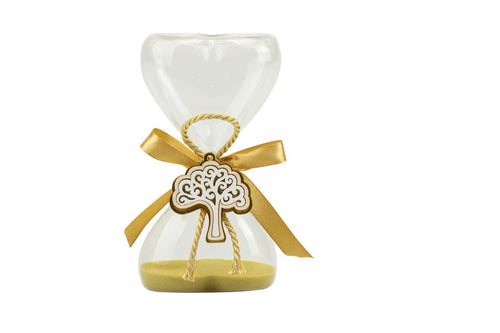 Clessidra a forma di cuore Harmony in vetro con sabbia oro, nastrini decorativi e dettaglio in legno, bomboniera artigianale da 13 cm, Made in Italy.