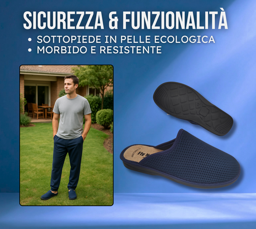 Fly Nature Ciabatte Uomo Chiuse in Pelle, Pantofole Blu Ortopediche, Pantofole Estive/Invernali per Casa, Esterno, Giardino