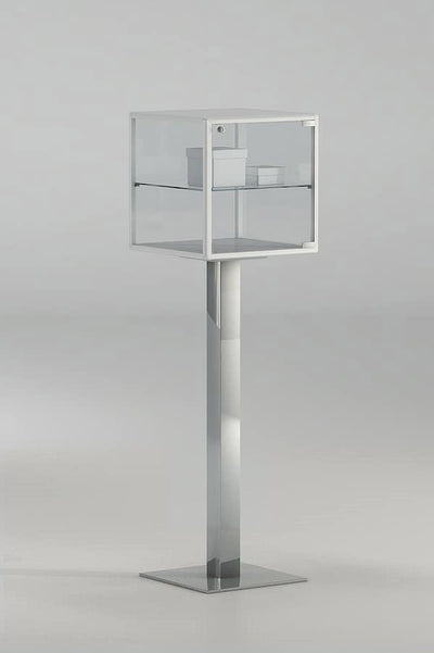 Teca espositiva quadrata su piantana in metallo per mostre cm. 45x45x154h