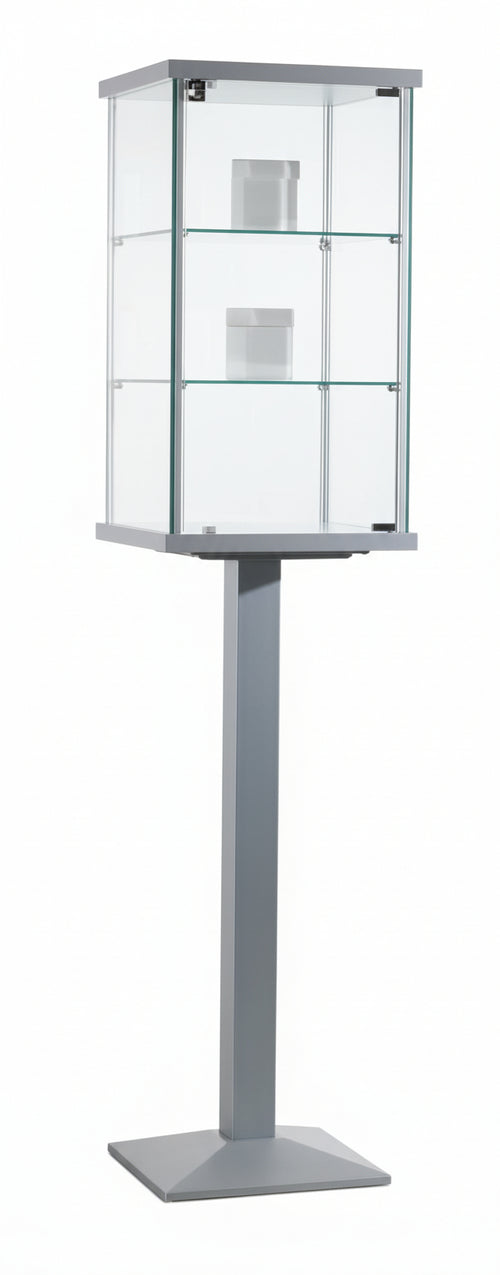 Vetrina per esposizione in vetro con piantana verticale in metallo verniciato cm. 45x45x195h
