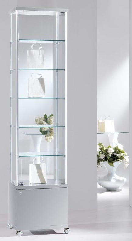 Vetrina per esposizione negozi su ruote con cinque piani interni e mobiletto cm. 53x39x220h
