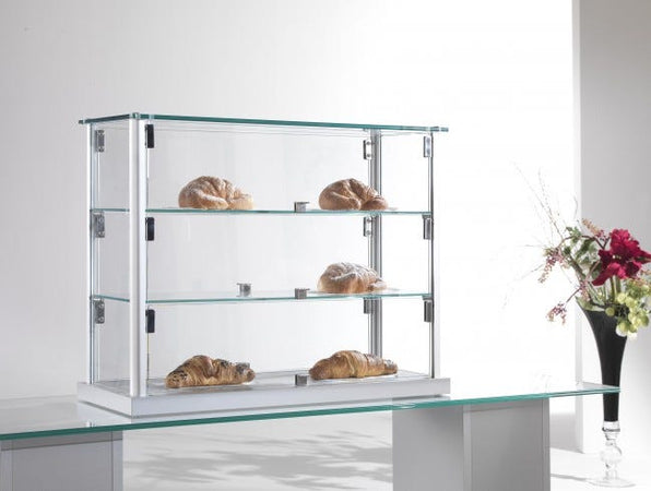 Vetrina espositiva da bar per brioches con profili in alluminio e piani interni regolabili cm. 65x25x50h