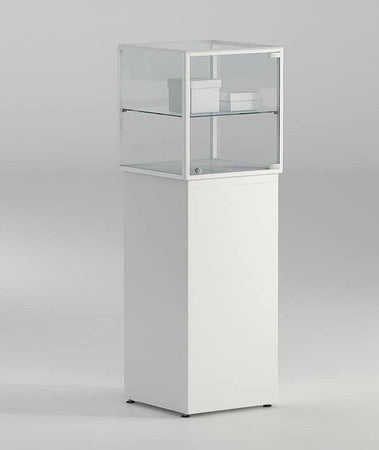 Vetrina espositiva su base bianca con piano regolabile cm. 45x45x135h