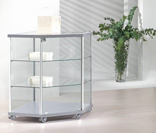 Vetrina espositiva angolare con profili esterni in alluminio cm. 73x73x92h