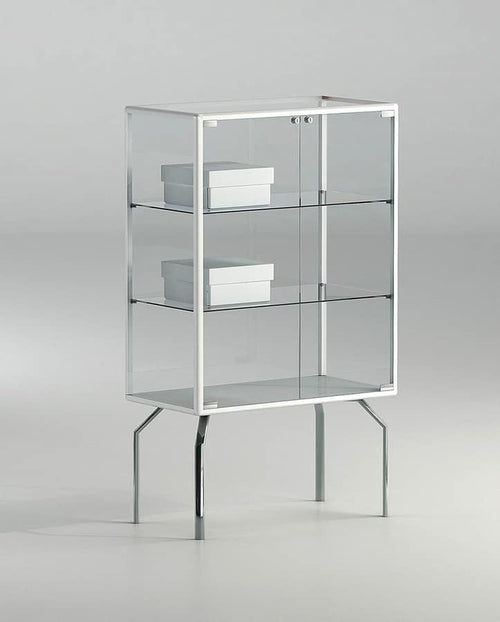 Piccola teca per negozio con base a quattro gambe in metallo cm. 71x37x120h