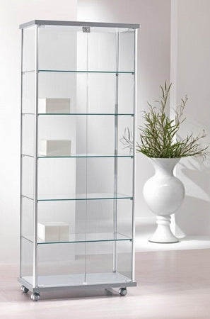 Vetrina per negozi con ruote e piani in vetro temperato regolabili in altezza cm. 73x39x183h
