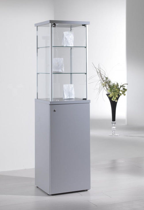 Vetrina espositiva su piedini con mobile basso chiuso con anta battente cm. 45x45x175h