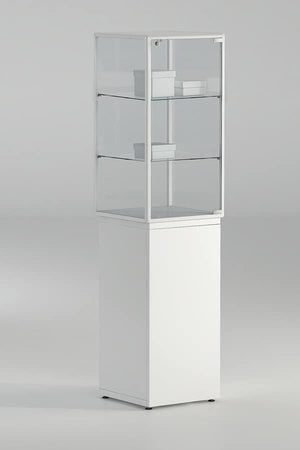 Vetrina da esposizione su base bianca con due piani regolabili per musei cm. 45x45x175h
