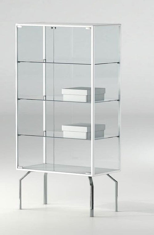 Teca in vetro su gambe in metallo cromato e tre piani per museo cm. 91x37x170h