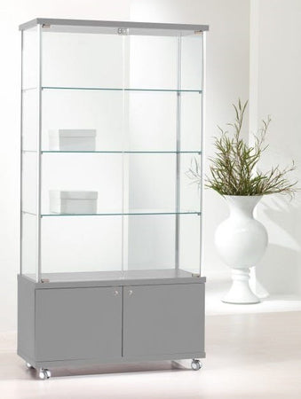Vetrina espositiva per negozio con ruote e mobile basso in legno cm. 93x39x183h