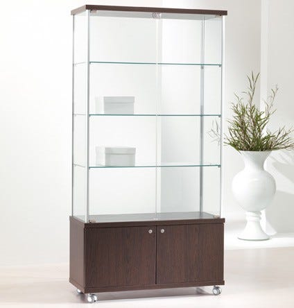 Vetrina espositiva per negozio con ruote e mobile basso in legno cm. 93x39x183h