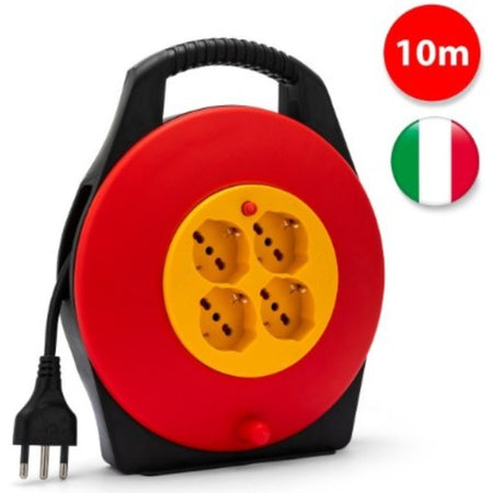Avvolgicavo 10 metri, 4 Prese Polivalenti 
(Schuko + 10/16A), Spina 16A 
(grande),Sezione Cavo 3G1,0 mm²