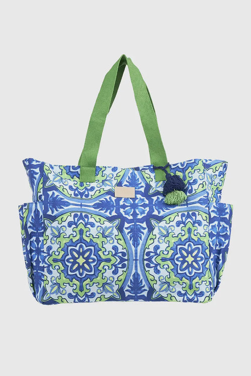 VERDE FASHION | Borsa mare in cotone fantasia maioliche