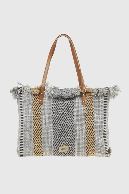 VERDE FASHION | Borsa mare in tessuto ricamo geometrico