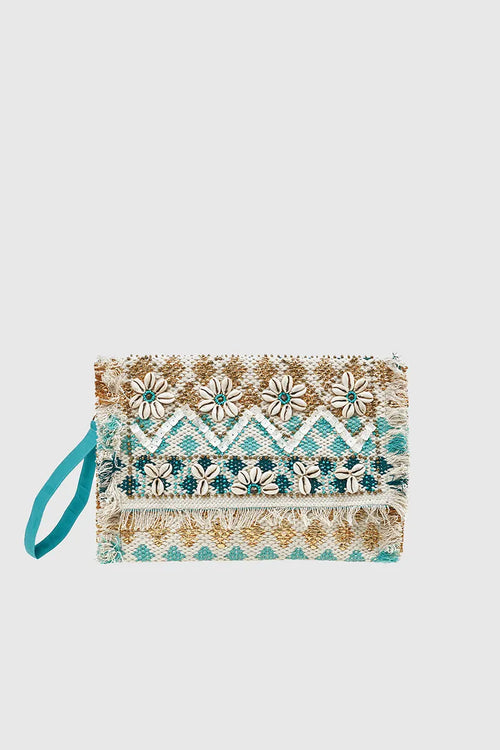 VERDE FASHION | Pochette in tessuto con applicazioni conchiglie