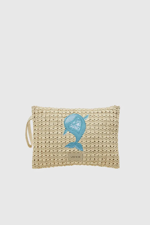 VERDE FASHION | Pochette mare in rafia ricamo pesce